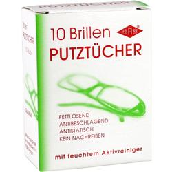 Weiße Verpackung mit rotem Text für Brillenputztücher.
