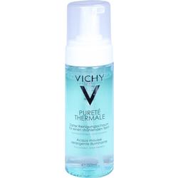 Eine blaue Flasche mit Schaumspender, auf der "Vichy Pureté Thermale" steht.