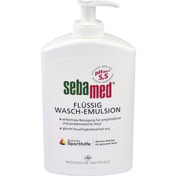 Weiße Flasche mit Pumpspender für flüssige Wasch-Emulsion.